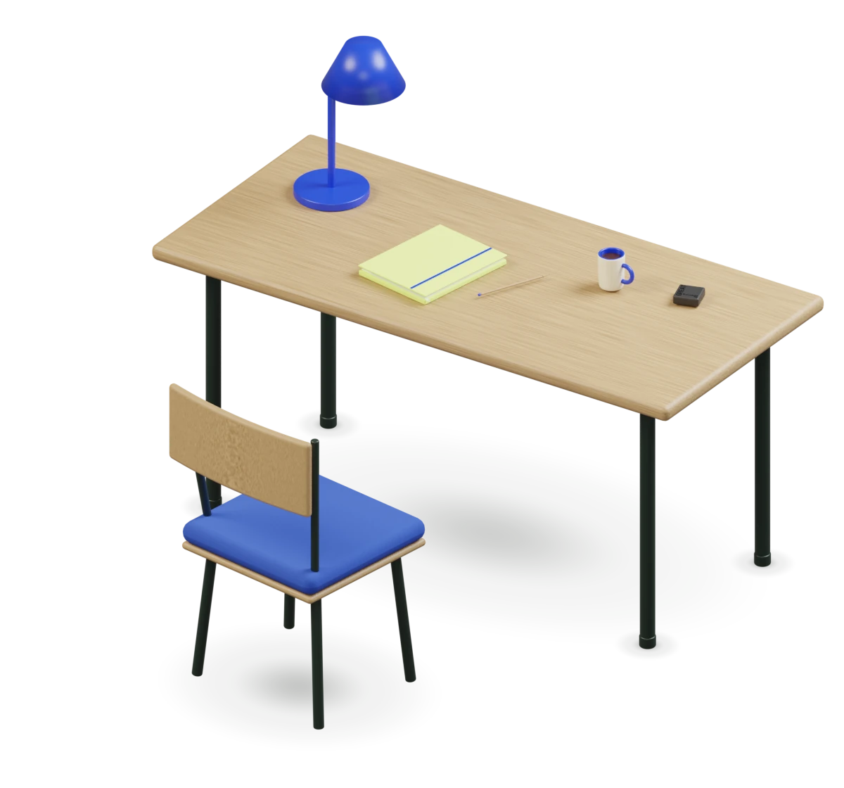 An illustrated desk, blue lamp and chair, with the actual FocusField design: a small place for a chosen intention.